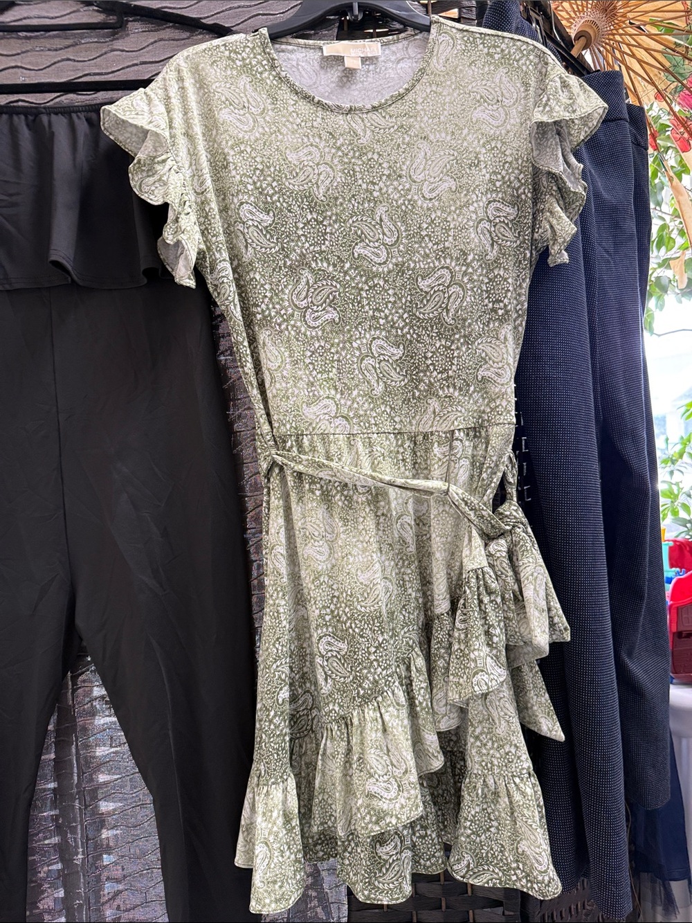 Olive Green Paisley Ruffle Tie-Waist Women's A-Line Mini Dress Michael Kors - XS